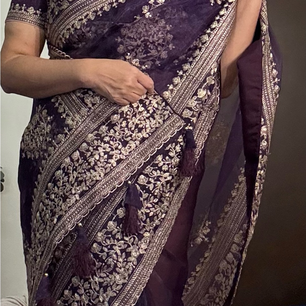 Embroidered Purple Organza Saree with Gold Threadwork